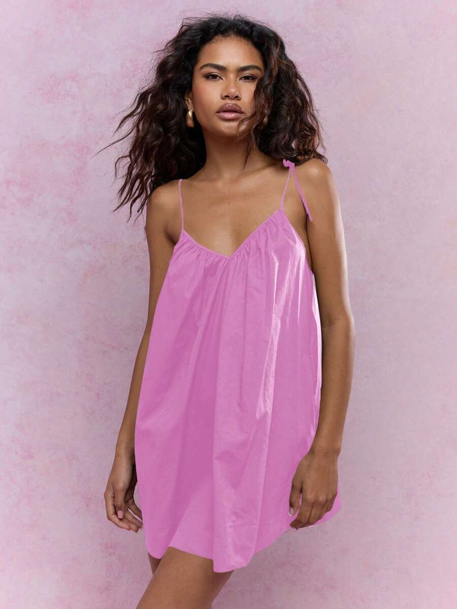 MISSGUIDED Mini Smock Dress With Tie Shoulder Straps Lightweight Flowy Summer Casual Loungewear Sundress Beach Vacation Resort Wear,S
