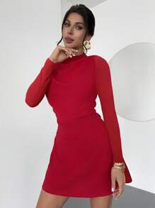 Firerie Women's Elegant Minimalistic Romantic Sweet Ruffle A-Line Mini Dress, Suitable For Commute, Wedding, Party, Music Festival, Holiday - Red Long Sleeve,Graduation,Teacher Outfits For Women,Teacher Dress, Fall Women Clothes, Old Money, Office Outfits For Women,Fall Dresses For Women