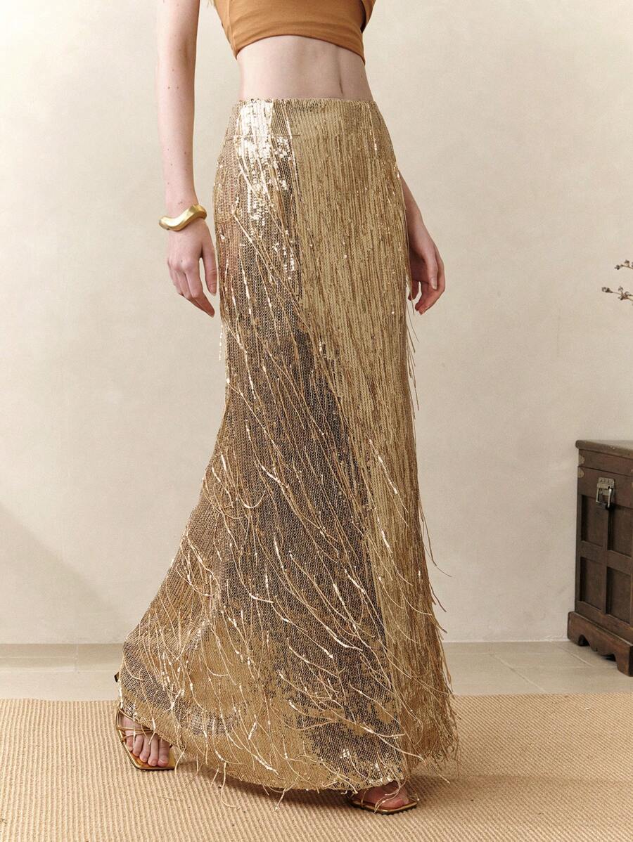 Arave 女士亮片流苏银色美人鱼裙，个性化派对，春夏优雅晚礼服，伴娘裙，宴会，节日服装女士，婚礼宾客裙女士 - 金色 - 查看 1