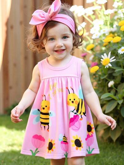 SHEIN Playful Pals Ärmlös klänning med sött bimotiv för babyflickor, moderiktig ny stil för vår och sommar
