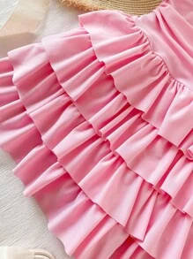 Costume da bagno intero per ragazze adolescenti, colore rosa tinta unita con volant, abbigliamento casual da resort