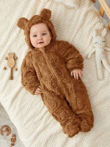 SHEIN 新生儿男女宝宝可爱卡通图案毛绒连帽连体衣，保暖内衬，适合秋冬季室内外穿着，泰迪熊图案，婴儿服装，秋季款 - 卡其色 - 查看 3