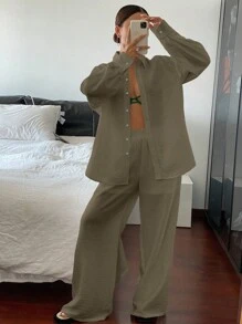 Livesso Áo blazer tay dài dáng rộng cho nữ, phong cách cổ điển thoải mái, trang phục công sở mùa hè - màu nâu - Xem 2