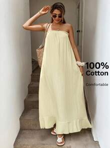 SHEIN LUNE Frill Trimmed Collar, Frill Trim A-Line Babydoll Dress, Double Layered Crepe Fabric, Casual Holiday Elegant Dress For Women, Light Yellow - Light Yellow - View 6