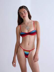COUREZ Conjunto de bikini con parte superior de punto con frente curvo y Bottom con pierna alta / Conjunto de verano para mujer para vacaciones, traje de baño vintage Y2K - Multicolor - Ver 4