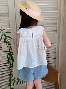 DAZY Bộ đồ mùa hè cho bé gái: Áo kiểu ren cổ bèo nhún và quần short denim rộng rãi thoải mái. - Rửa trung bình - Xem 2