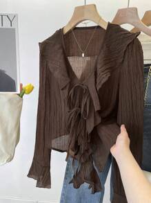 INAWLY Women's Solid Color Minimalist Daily V-Neck Pleated Ruffle Tie Blouse