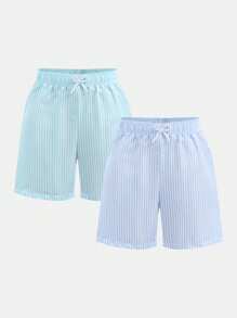 2pcs Boys' Striped Printed Swim Trunks, Woven Fabric Beach Shorts Set, Suitable For Holiday