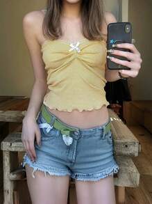 INAWLY Top bandeau a rayas con lazo, top corto juvenil adelgazante y sexy para mujer - Amarillo - Ver 1