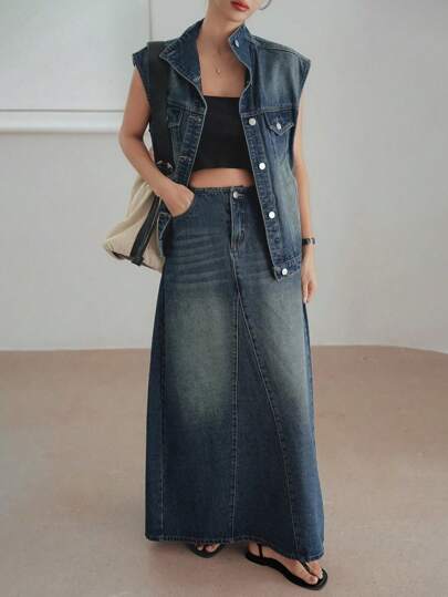 Dazy-Less Conjunto de 2 piezas de chaqueta de mezclilla lavada vintage y falda recta, casual de oficina/transporte, ajuste holgado, manga corta, para verano/primavera/otoño