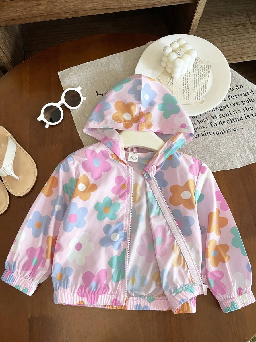 SHEIN 女婴幼儿/新生儿0-3岁春夏休闲轻便连帽夹克 - 粉色 - 查看 1