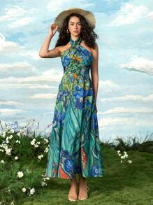 SHEIN Touch of Art 女士花卉印花无袖交叉挂脖长裙