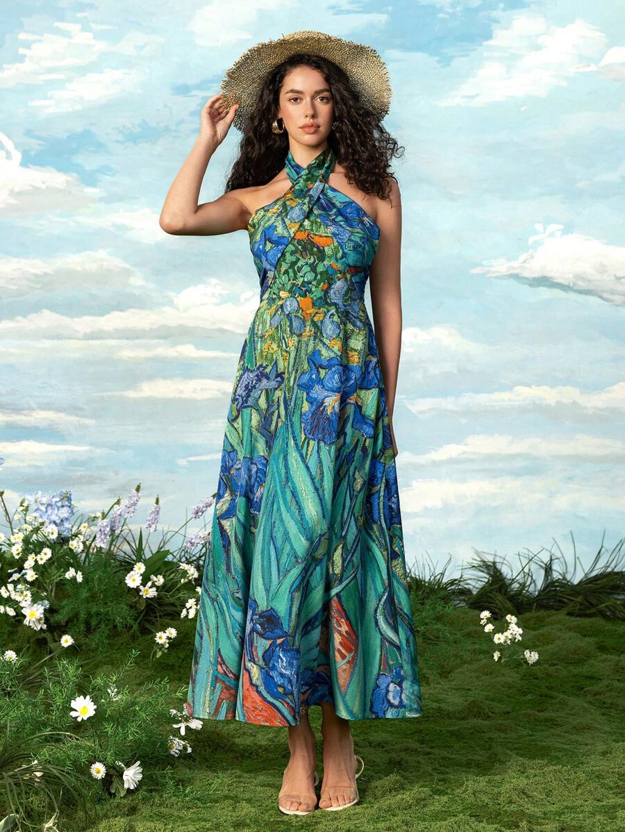 SHEIN Touch of Art 女士花卉印花无袖交叉挂脖长裙