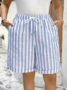 SHEIN LUNE Pantalones cortos cómodos, casuales y versátiles para usar en exteriores y en casa, de talla grande, con rayas de colores y bolsillos grandes, estilo boho vaquero, para el festival Old Money, ropa occidental bohemia, hippie de verano, de algodón para el verano, prendas de verano lindas para mujeres.