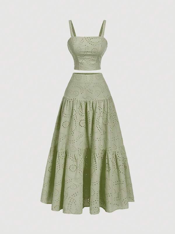 SHEIN MOD 2 قطعة تنورة ماكسي مطرزة باللون الأخضر الزيتوني، بقصة بوهيمية متعددة الطبقات مع كشكش، مناسبة للمواعيد والإجازات والنزهات والشاطئ، ملابس مريحة