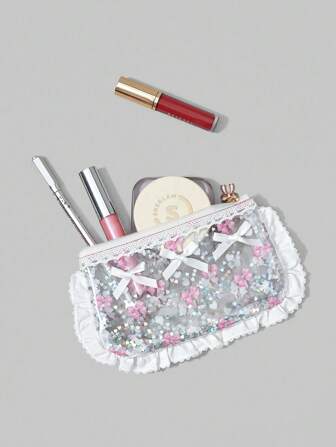 Kawaii Transparent PVC Sequin Lace Pink Polka Dot Bow Pattern Compact Cosmetic Organizer Makeup Bag 401422