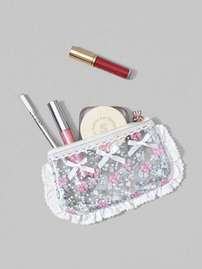 Kawaii Transparent PVC Sequin Lace Pink Polka Dot Bow Pattern Compact Cosmetic Organizer Makeup Bag 401422
