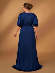 Serin Plus Size Navy Blue Satin Fabric Crew Neck Pleated Chest Floral Decor Bell Sleeve A-Line Dress, Elegant For Wedding Party Activities, Bridesmaid And Mother Of The Bride Outfit