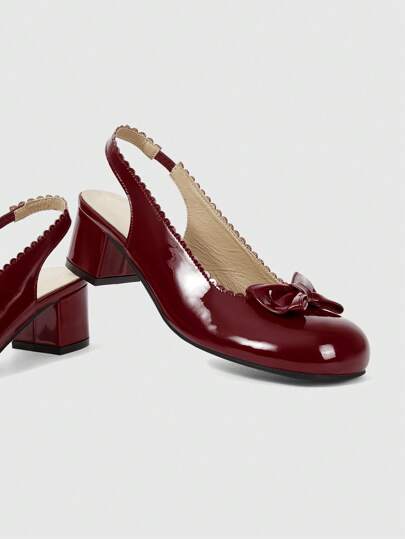 Kawaii Elegantes zapatos de tacón alto con decoración de moño para mujer, diseño transpirable de tacón bajo grueso con puntera redonda, adecuados para fiestas, bodas y el Día de San Valentín de la mujer