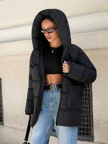 EURMUSE Petite Zip Up Hooded Padded Coat With Two Pockets ,Petite Women - Black - View 5