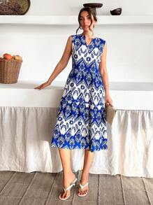 SHEIN Cottnline Woman All Over Printed Boho Spring Summer Sleeveless Midi Long Length Holiday Vacation Lady Going Outfit Dress A Line - Multicolor - View 4