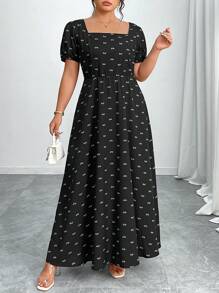 Elenzga Plus Size Women's Elegant Black And White Printed Midi Dress,Loose Comfortable Summer Outfit,Versatile For Tea Party,Gathering,Chinese Style,Vacation - Black - View 5