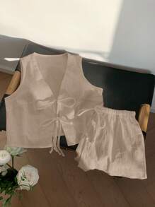 Comfortcana Women's Beige Lace-Up Front Sleeveless Crop Top And Shorts 2 Pieces Casual Set - Apricot - View 4