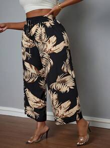 SHEIN PETITE CURVE 大码植物印花休闲裤 - 杏色 - 查看 5