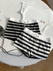 Comfortcana 2-Pack Women's Summer Striped Casual Shorts For Daily Wear - Black and White - View 5
