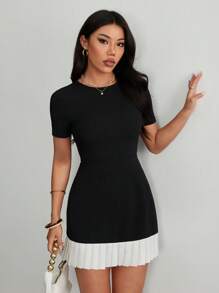 SHEIN PETITE Round Neck Mixed Material Ruffle Hem Versatile Mini Dress Women Cocktail Dress Women Short Dresses Women Black Dress,Business Casual Woman - Black - View 1