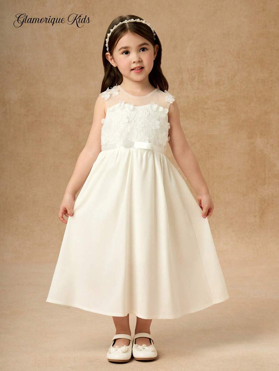 Glamorique Kids 女孩派对蕾丝刺绣连衣裙，腰带蝴蝶结，公主风格 - 白色 - 查看 1