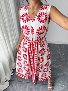 Elenzga Mono bohemio de talla grande para mujer, con estampado tropical rojo, cintura alta y fluido, elegante y de moda para el verano