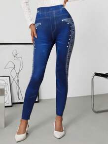 Ellevyn 女士牛仔效果绑带撞色印花紧身裤 - 彩色 - 查看 5