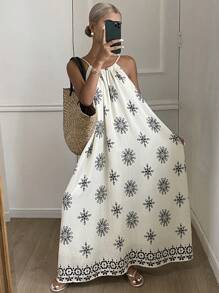 DAZY Vacation Style Floral Print Sleeveless Loose Mid-Length Dress For Women