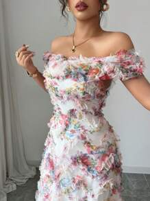 Selianne 女士优雅雪纺 3D 花卉露肩 A 字长裙