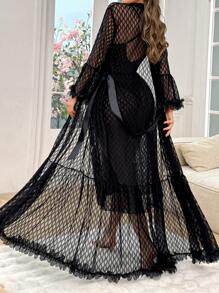 SHEIN 2pcs Set: Floral Embroidery Mesh Robe + Pearl Trim Lace Stitching Nightgown, Luxurious Women Sleepwear