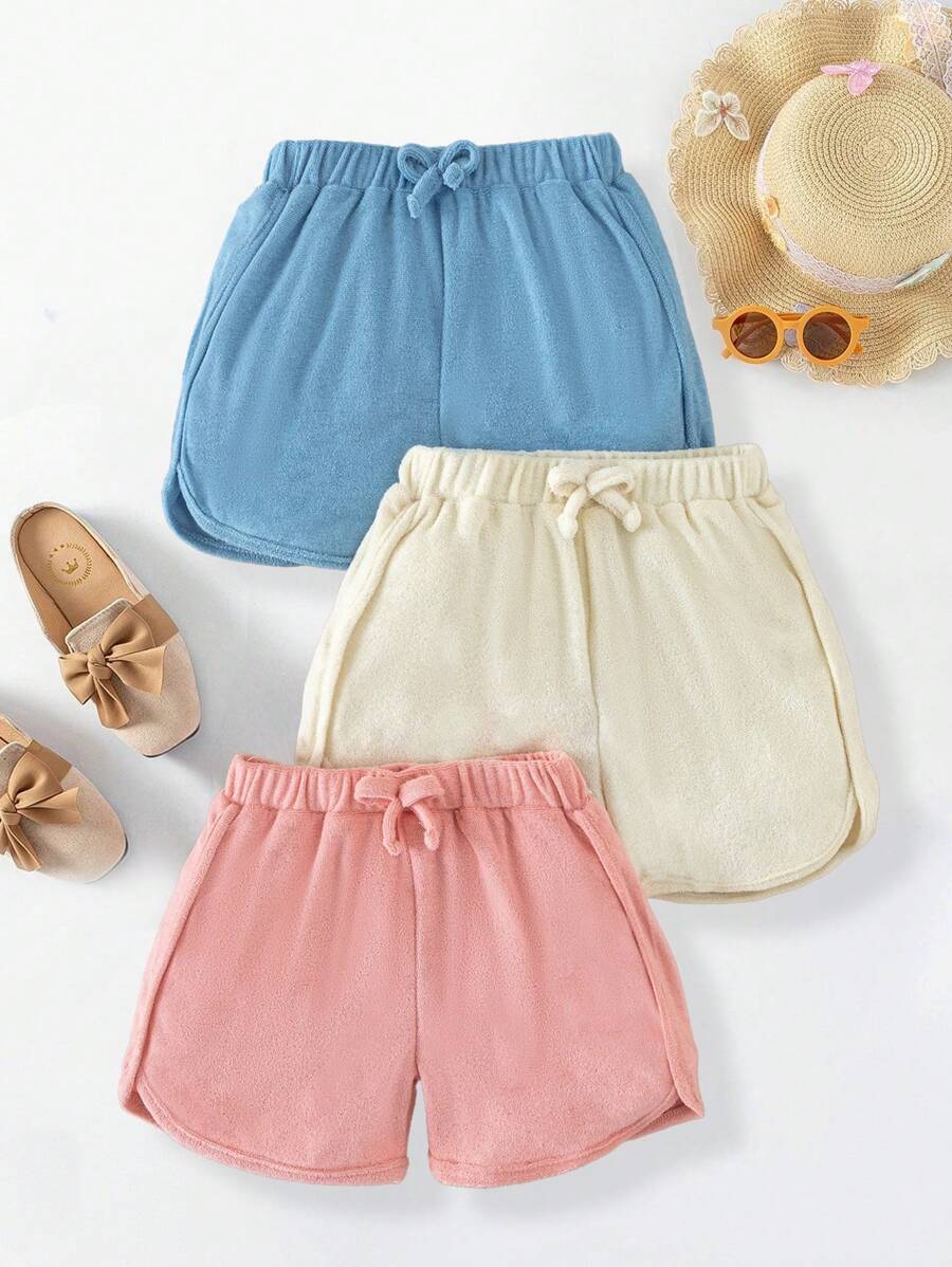 女童休闲基本款纯色针织毛圈运动短裤，适合通勤和户外穿着 - 彩色 - 查看 1