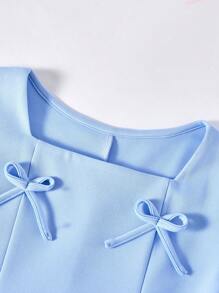 SHEIN Girls Blue Minimalist Solid Color Bow Decor Fitted Long Dress - Blue - View 6