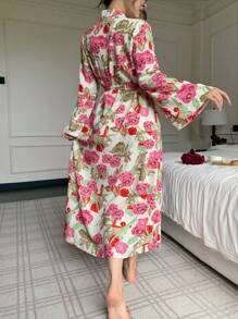 印花女士休闲浴袍，喇叭袖，秋冬款 - 彩色 - 查看 2