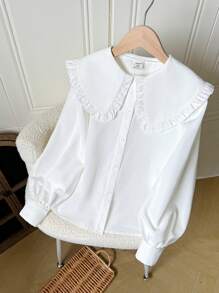 SHEIN 青少年女孩白色可爱韩版彼得潘领百搭衬衫，适合春夏季和返校季 - 白色 - 查看 6