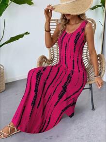 SHEIN LUNE Vestido casual y elegante para mujer con cuello en V, abertura lateral, bajo asimétrico con bolsillos, cintura alta, corte evasé, sin mangas y estampado geométrico, ideal para vacaciones - Rosa Fucsia - Ver 4