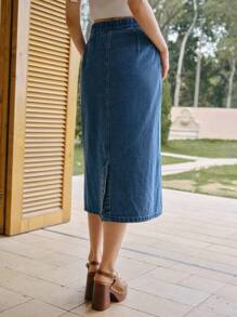 MOTF PREMIUM EMBROIDERY FLORAL PATTERN APPLIQUES SPLIT BACK DENIM SKIRT - Blue - View 3