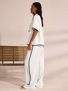 MUSERA Camisa oversize con look de lino y pantalones con ribete de contraste y lazo, conjunto elegante y lindo para vacaciones de primavera y verano en estilo bohemio de Ibiza