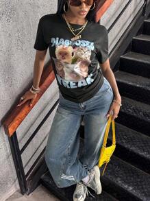 INAWLY 趣味“认证怪人”猫咪图案印花女款圆领T恤 女款图案T恤 - 黑色 - 查看 2