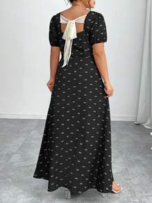 Elenzga Plus Size Women's Elegant Black And White Printed Midi Dress,Loose Comfortable Summer Outfit,Versatile For Tea Party,Gathering,Chinese Style,Vacation - Black - View 2