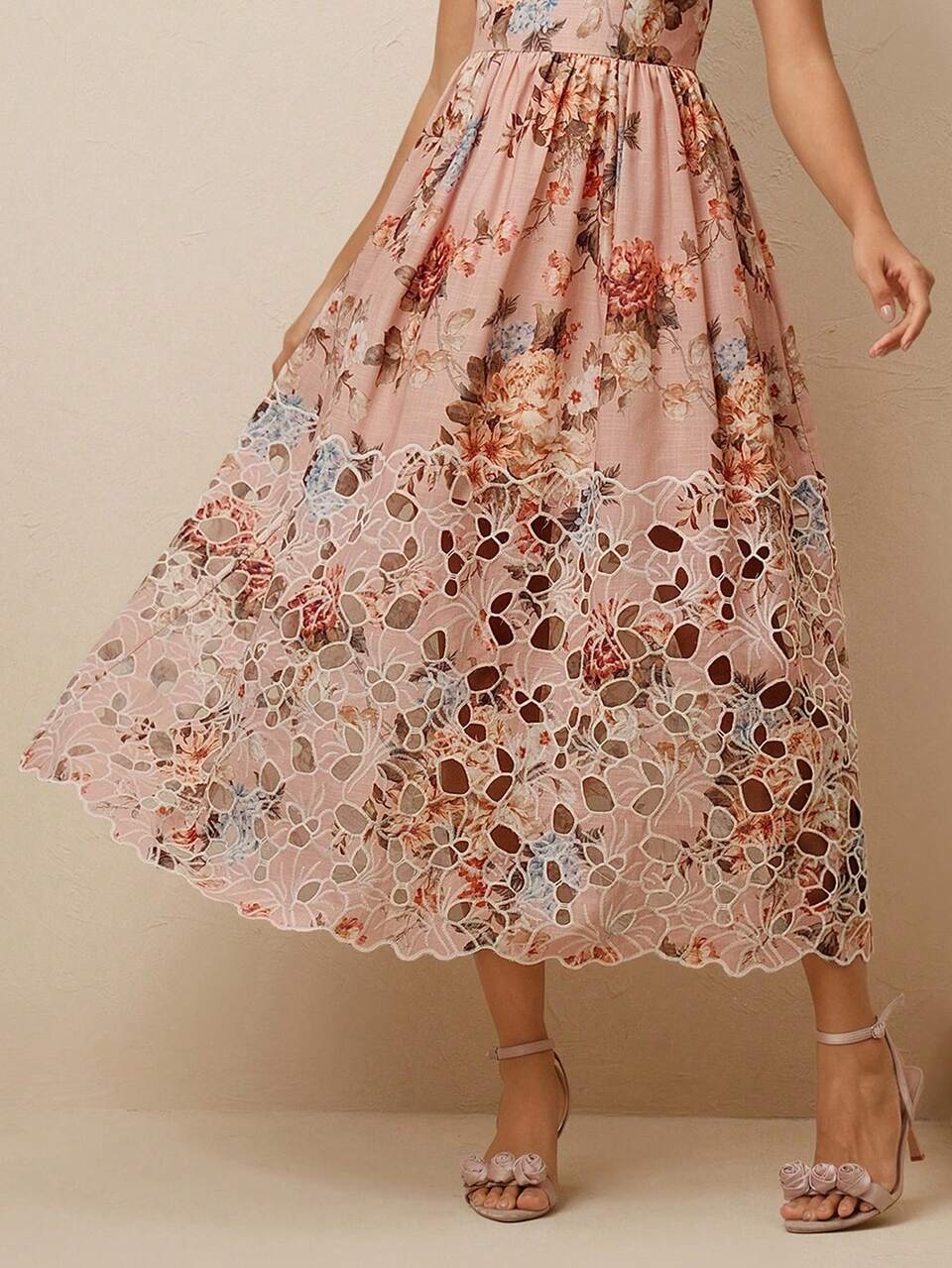 Elegant Long Dress With Positioning Print, Hollow-Out Fabric Splicing, Fake Tie Detail, Sleeveless