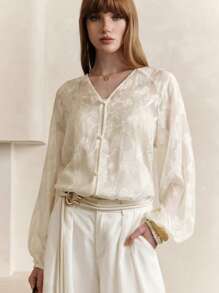 EMERY ROSE Camicetta casual elegante da donna con maniche a lanterna, scollo a V e bottoni, in tessuto jacquard floreale, adatta per l'ufficio, l'estate, il tempo libero, le vacanze, i festival e l'abbigliamento casual per insegnanti - Albicocca - Visualizzare 6