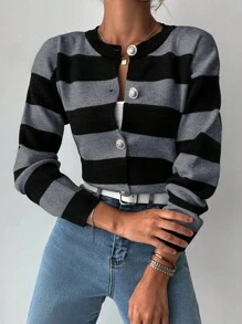 EURMUSE Women Casual Colorblock Striped Cardigan, Autumn/Winter - Light Grey - View 4