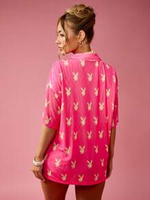 Missguided x Playboy 奢华兔子印花网眼沙滩罩衫超大码夏季度假装透明纽扣领粉色 - 彩色 - 查看 2