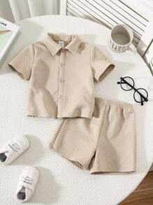 SHEIN 2件套男宝宝可爱杏色polo领针织短袖上衣和短裤套装，适合夏季生日派对、庆典、婚礼、洗礼等场合。男宝宝夏季服装，男宝宝短裤套装，男宝宝衣服。 - 杏色 - 查看 7